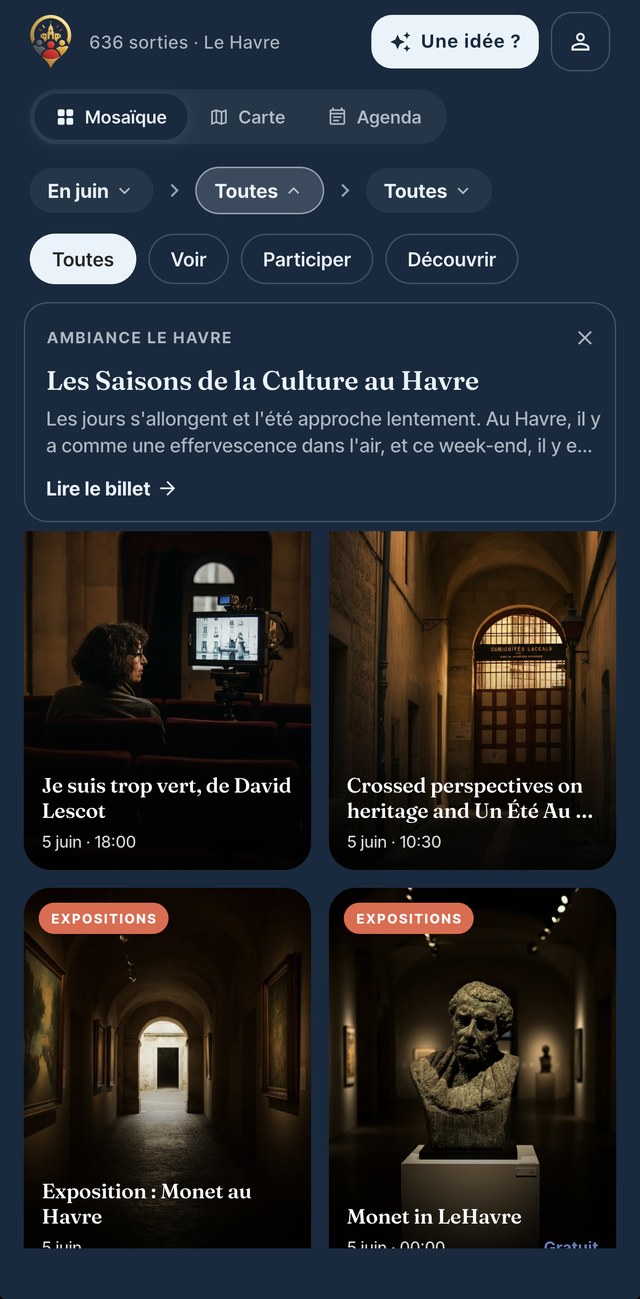 Vue Mosaïque de l'application Avoirici : un mur de sorties locales